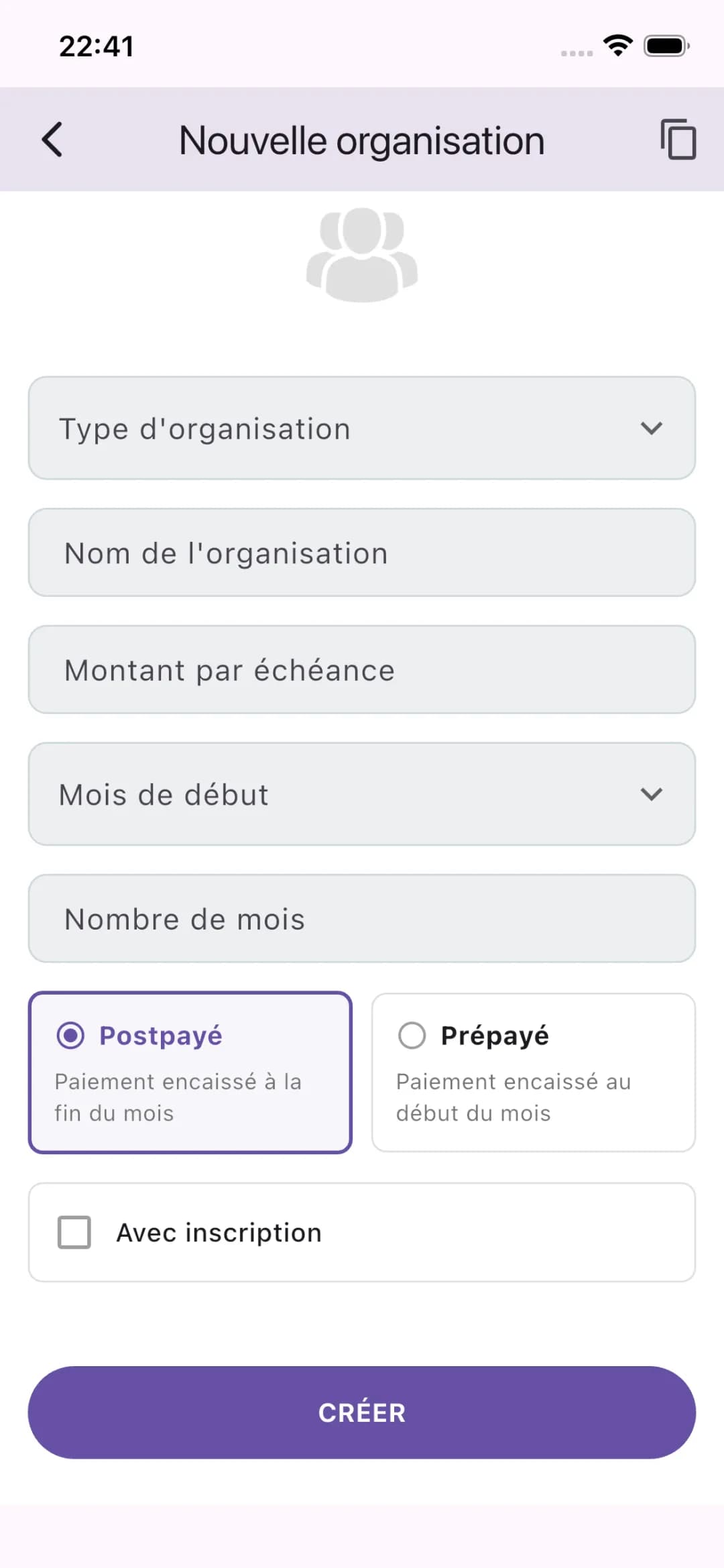 Formulaire de création d'une organisation : type, nom, montant par échéance, mois de début, nombre de mois et mode prépayé ou postpayé