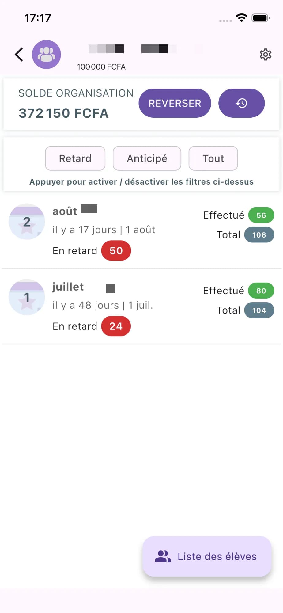 Écran d'une organisation listant ses échéances, avec son solde et l'accès à la liste des membres