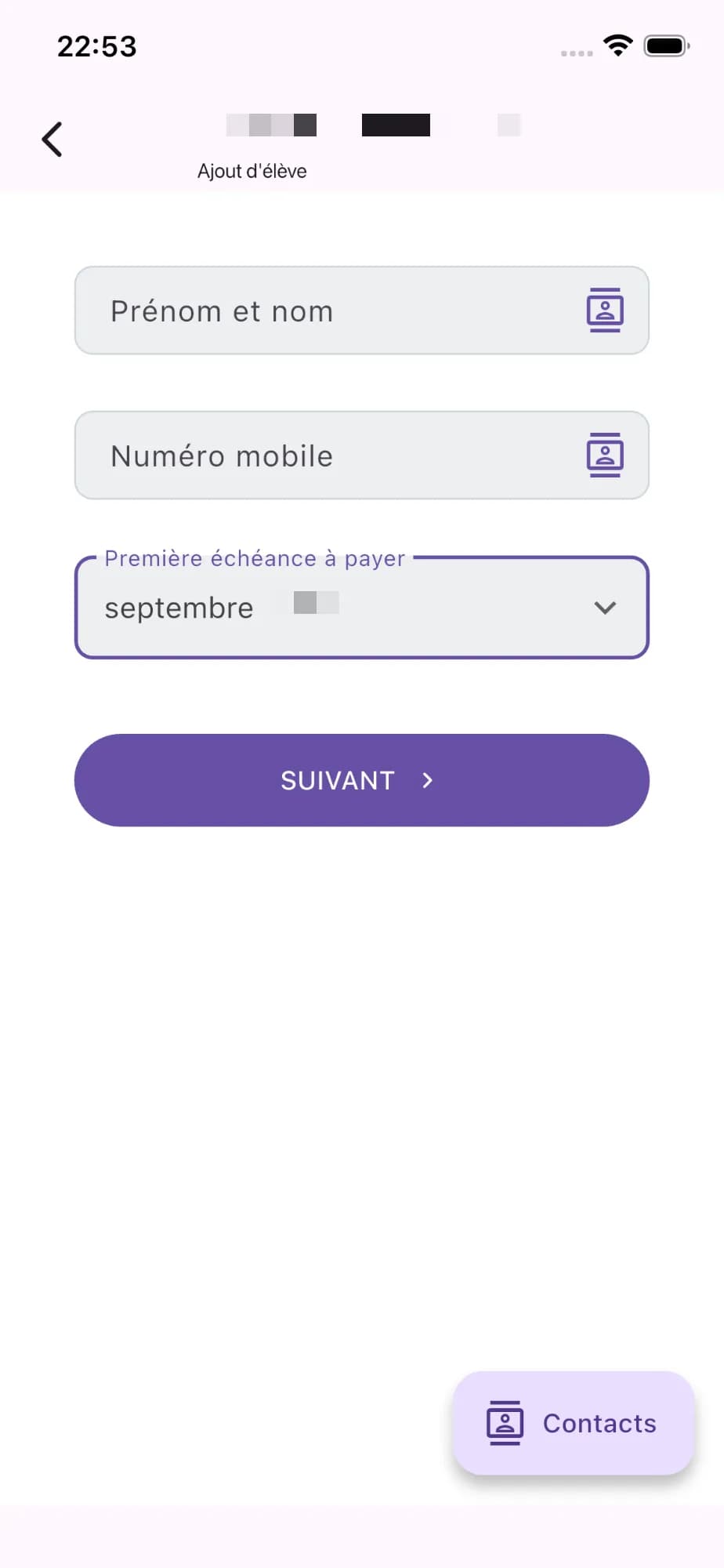 Formulaire d'ajout d'un membre : prénom et nom, numéro mobile et première échéance à payer