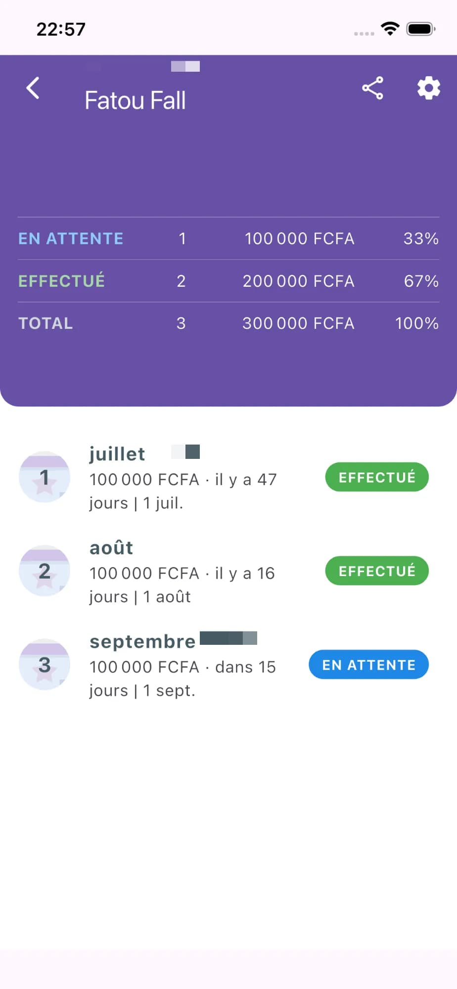 Fiche d'un membre récapitulant ses échéances payées et celles en attente
