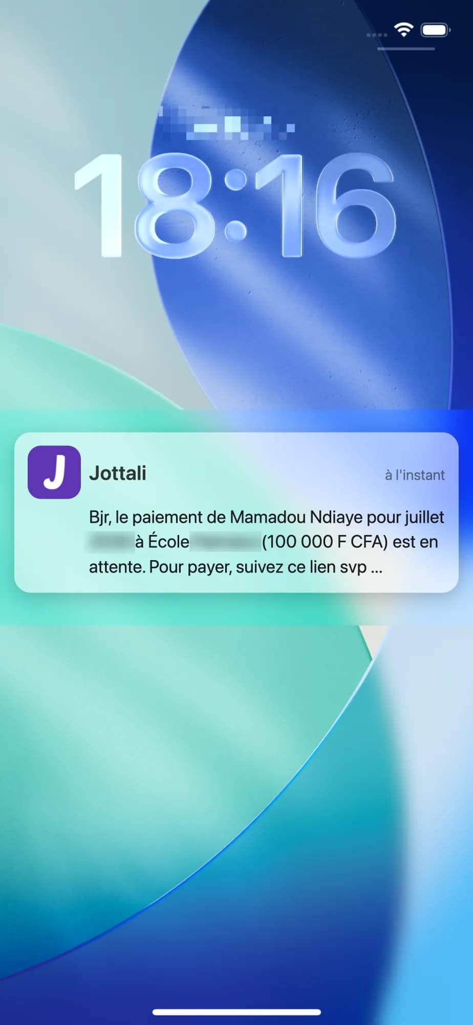 Rappel de paiement reçu par un membre sur son téléphone, avec le lien pour payer