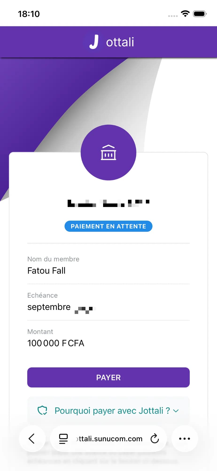 Page web de paiement Jottali affichant le membre, l'échéance, le montant et le bouton Payer