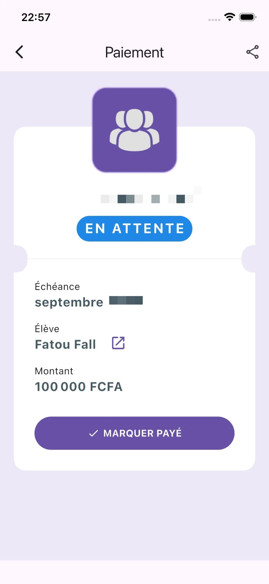 Détail d'un paiement en attente avec l'option Marquer payé pour un règlement reçu en espèces