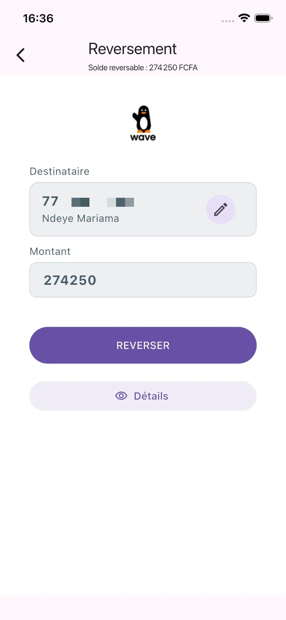 Écran de reversement du solde vers un numéro Wave, avec le destinataire et le montant