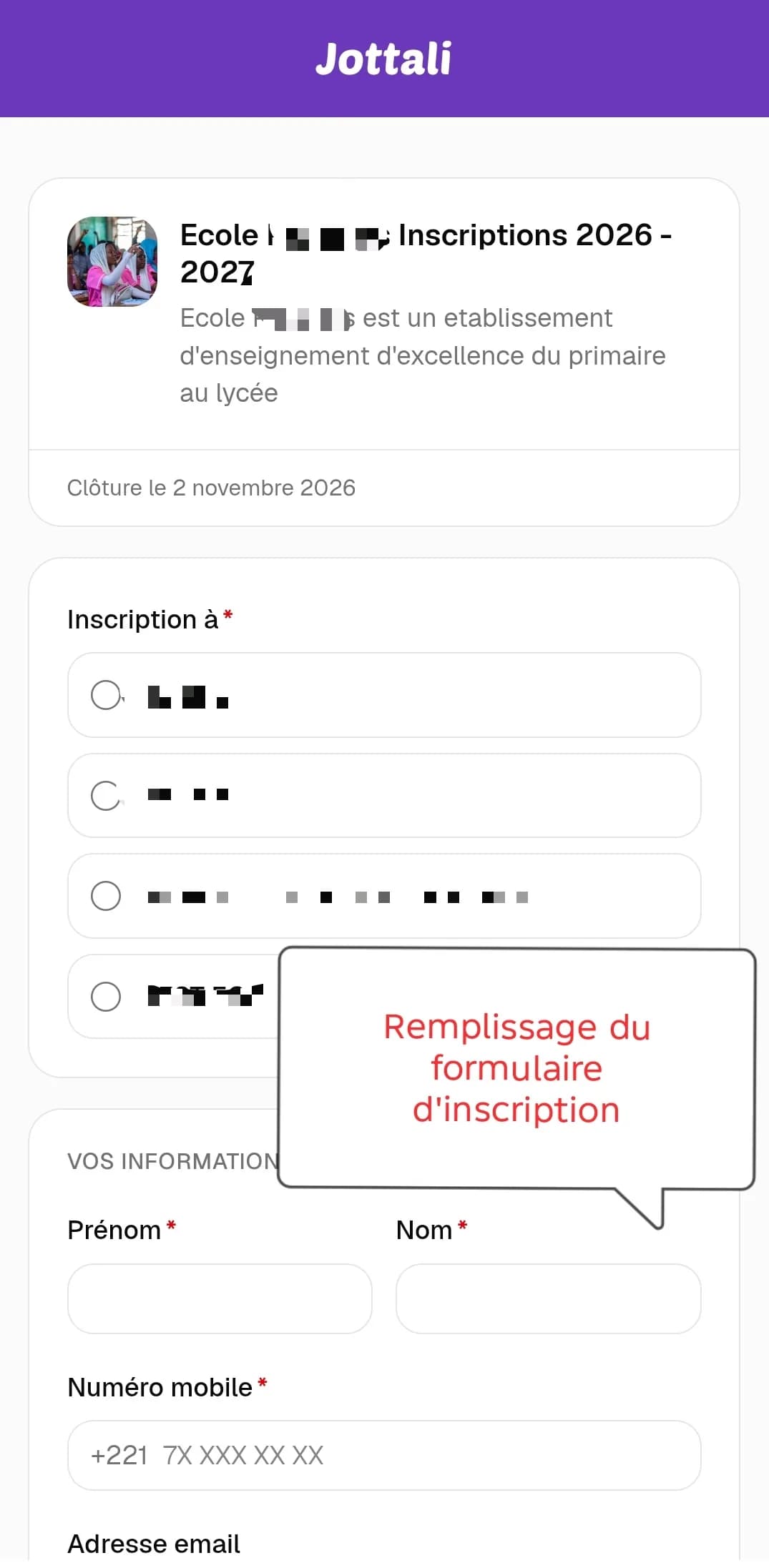 Formulaire d'inscription Jottali rempli par un candidat depuis son navigateur