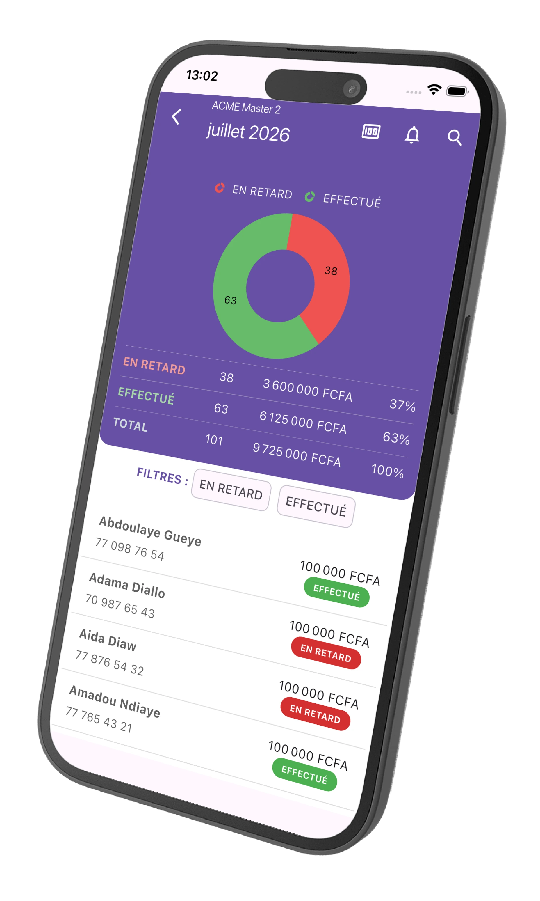 Capture d'écran de l'application Jottali : suivi d'une échéance de paiement